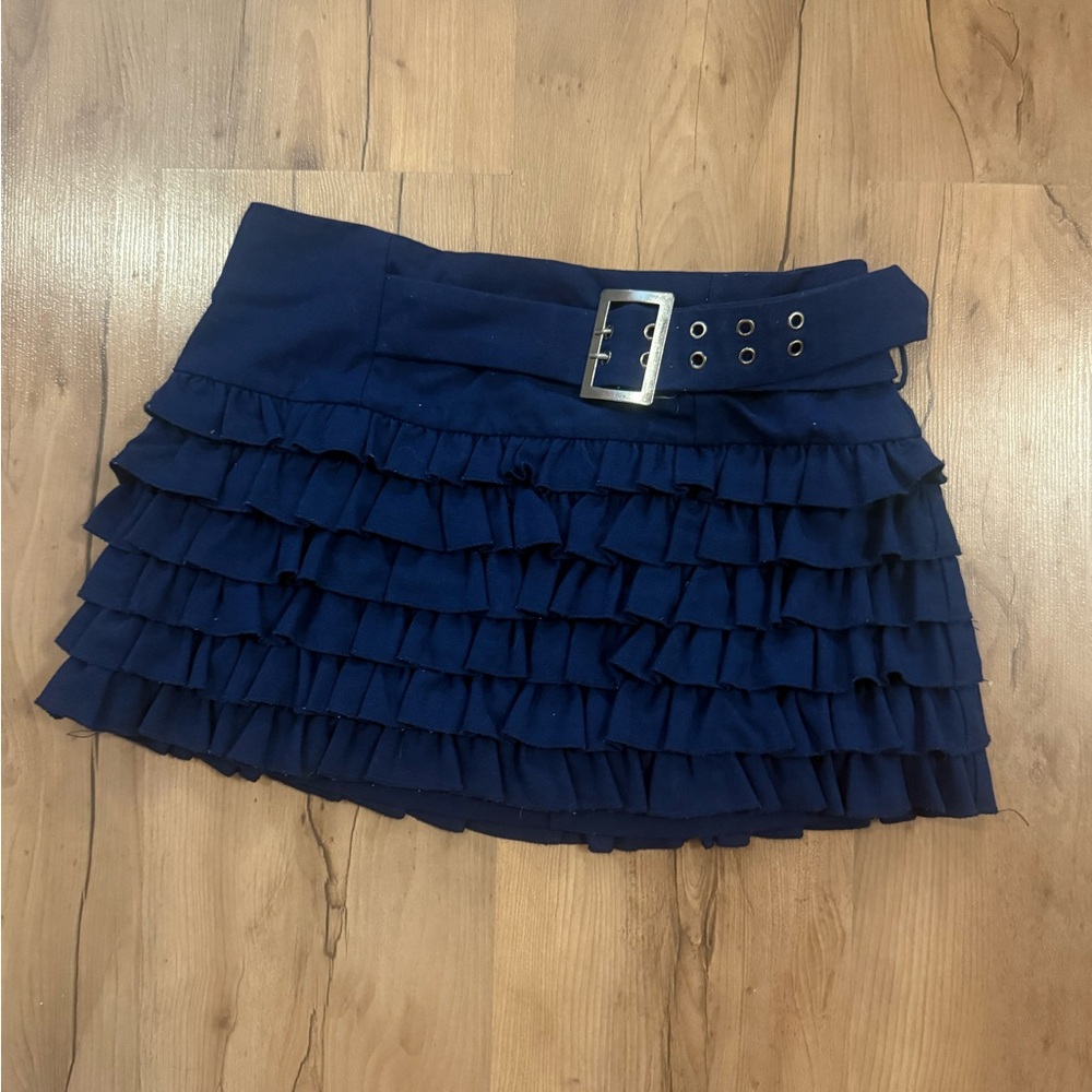 Ruffled Belted Mini Skirt - Navy